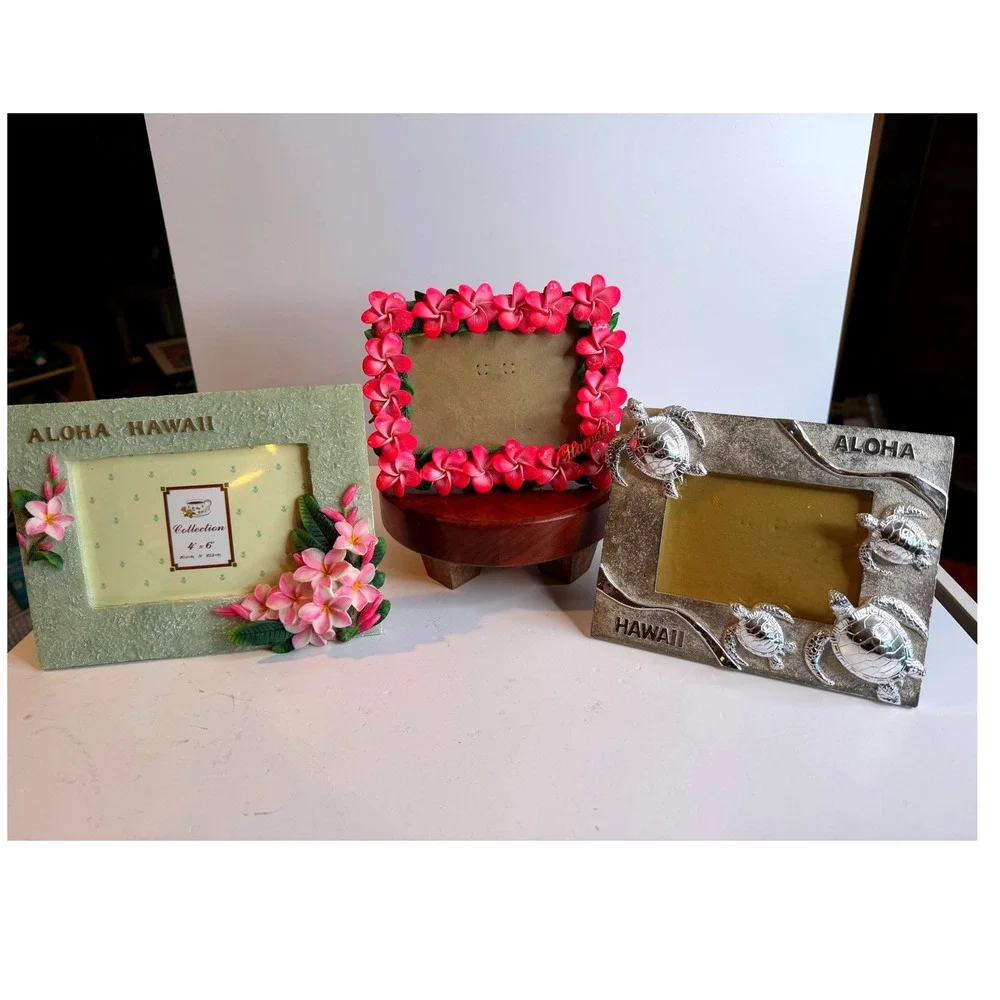 Vintage Hawaii Picture Frame Set Aloha Turtle Plumeria Maui Souvenir Frames